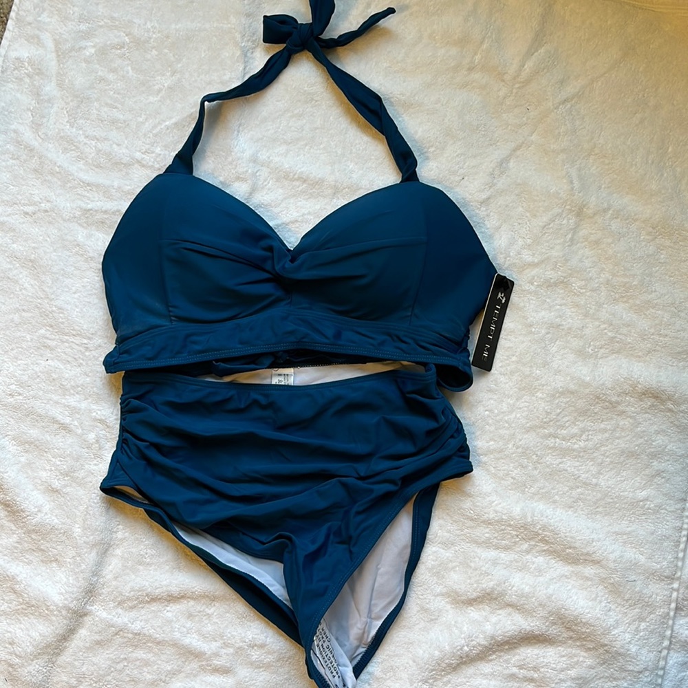 NWT retro halter ruched high waist bikini deep blue